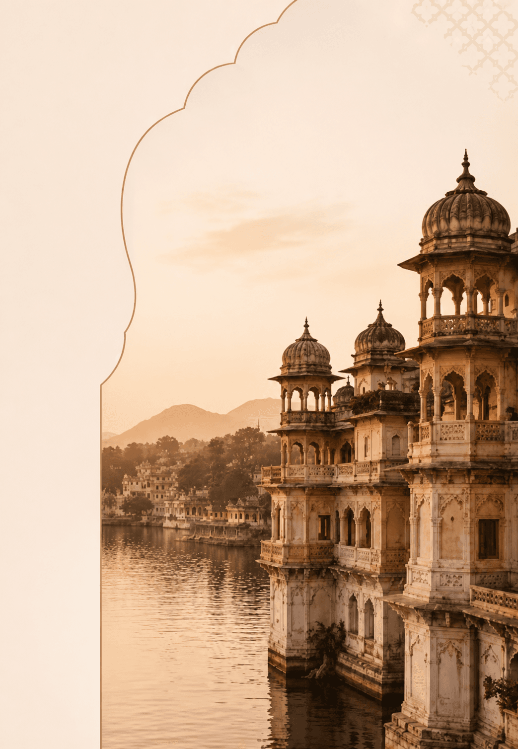 Ornate Indian palace pavilions reflected in a lake at golden hour